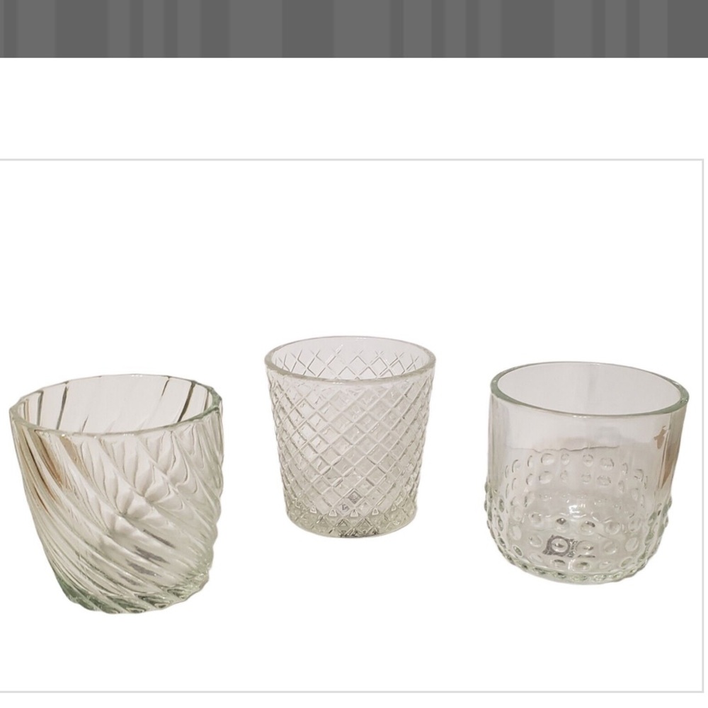 3 Clear Glass Votive Candle 3" Tall Holders W/ Different Texture Designs
